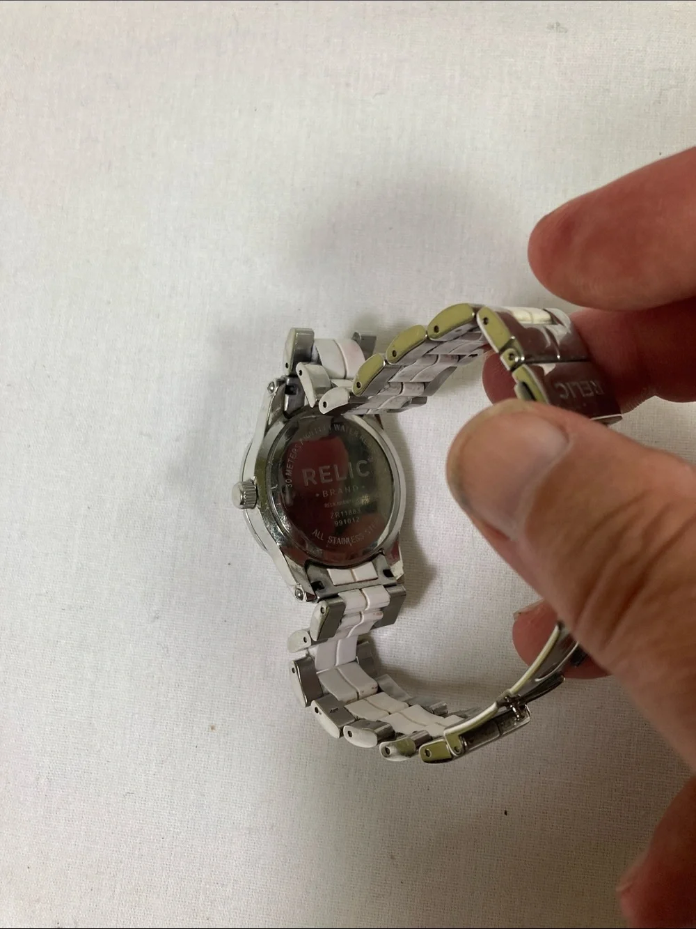 Relic Women's Silver and White Ceramic-Link Watch with Mother-of-Pearl Dial